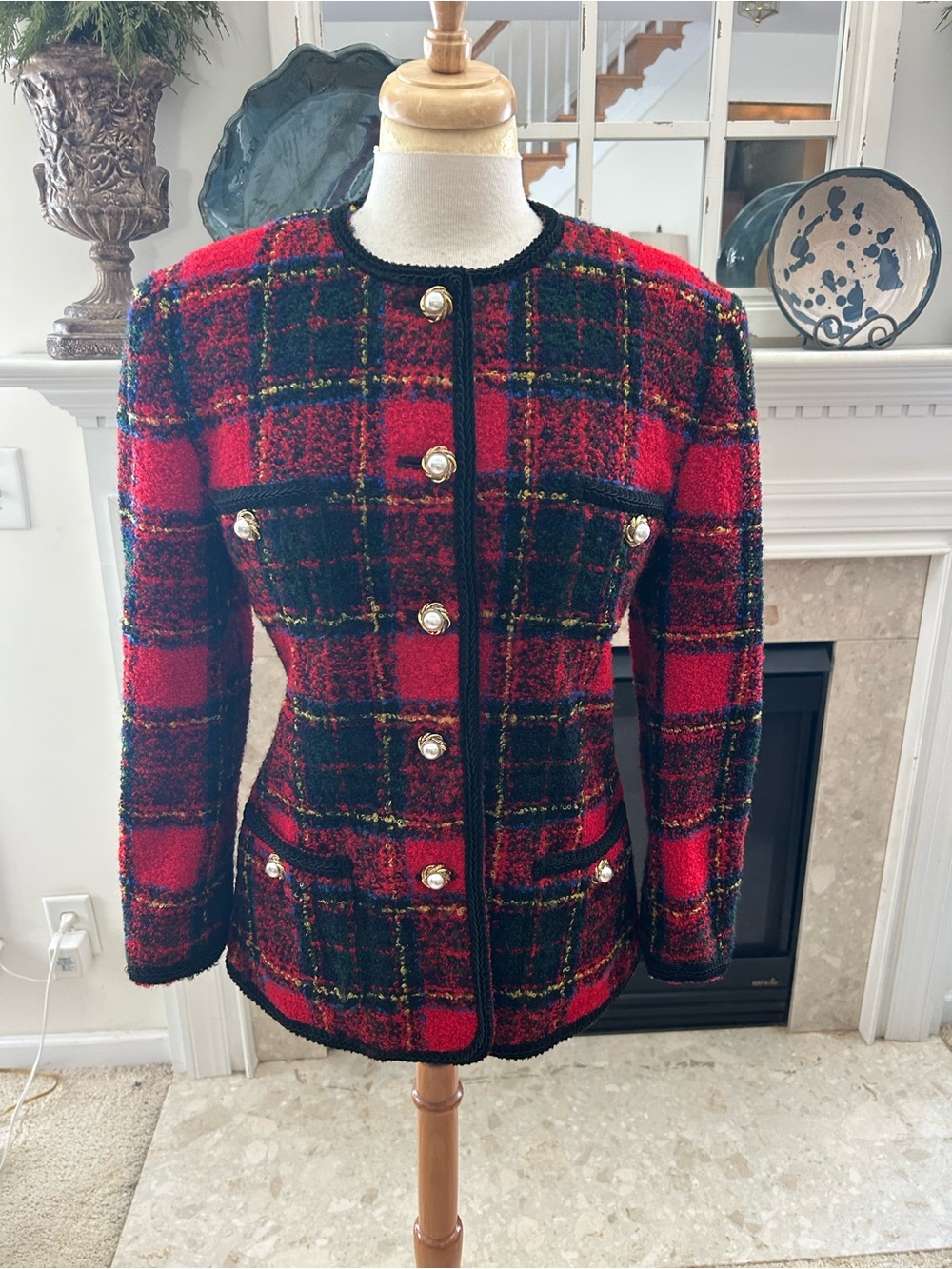 Saks Fifth Avenue - Channel Style Red and Black Plaid Tweed Vintage/Rare Jacket